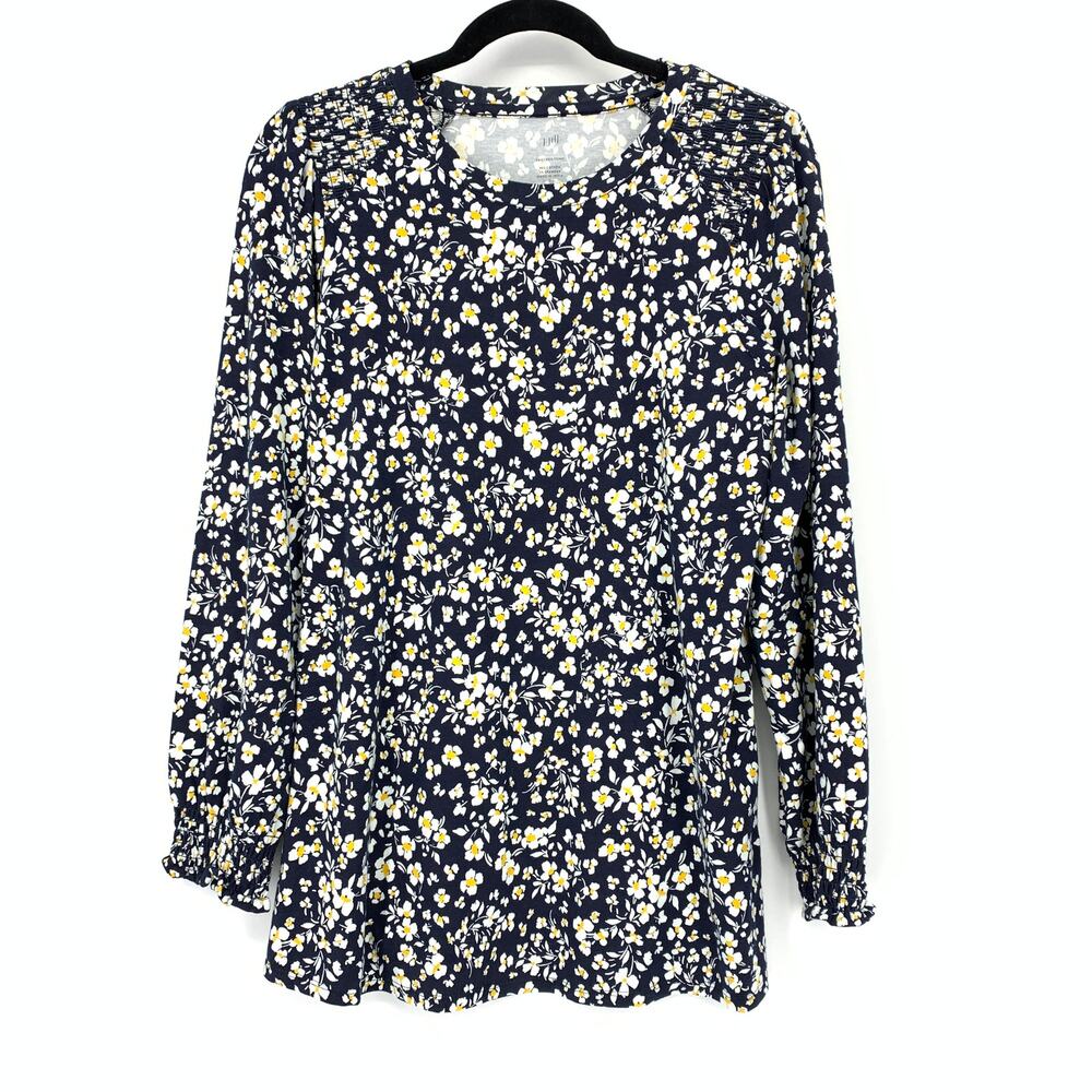 J.Jill Smocked Tunic Top Womens Size Small Long Sleeve Navy Yellow White Floral